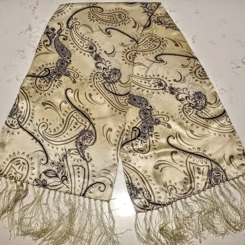 Chinese Paisley Print Silk Oblong Fringed Scarf